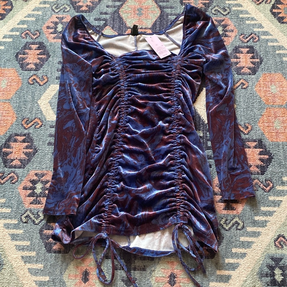 NWT Wild Fable Ruched Purple/Blue Tie Dye Velvet Long Sleeve XL Dress